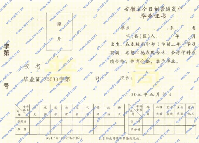 2003年安徽高中毕业证样本图片