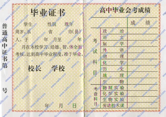 1999年之前河南省普通高中毕业证样本图片