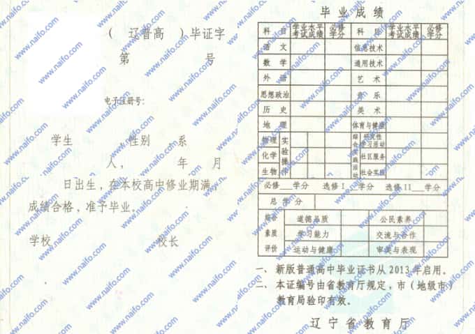 2013年之后辽宁省普通高中毕业证样本图片