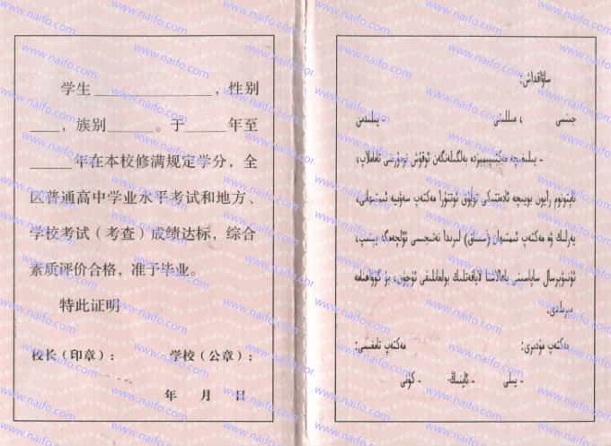 新疆维吾尔自治区普通高中毕业证样本图片