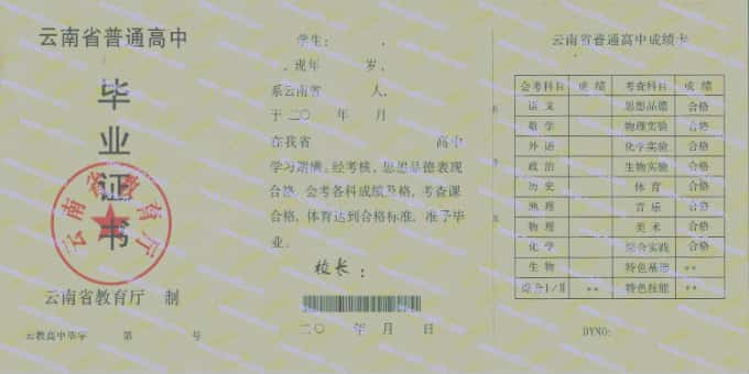 2000-2010年云南省普通高中毕业证样本图片