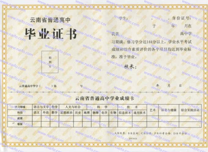 2011年后云南省普通高中毕业证样本图片