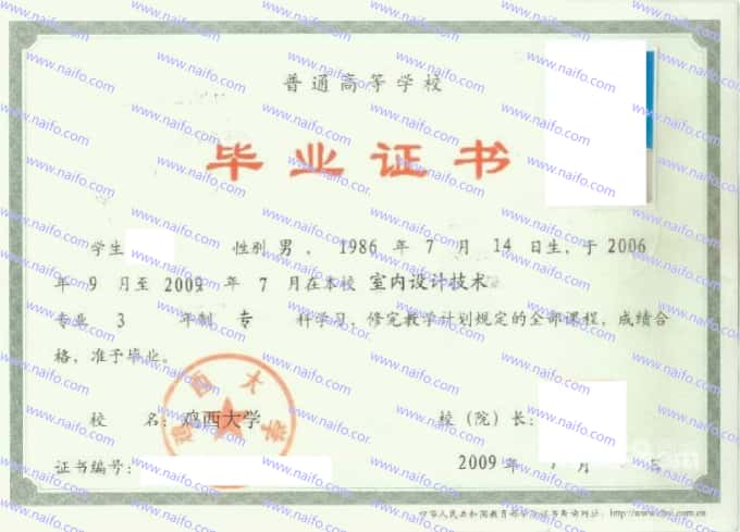 鸡西大学2009年专科毕业证样本图片（室内设计技术）