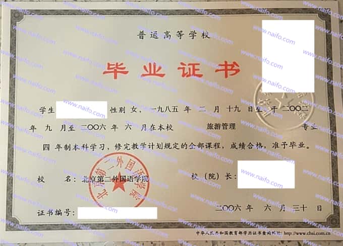 北京第二外国语学院2006年本科毕业证样本图片（旅游管理）