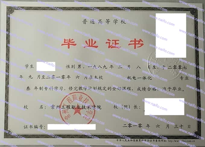 常州工程职业技术学院2010年专科毕业证样本图片（机电一体化）